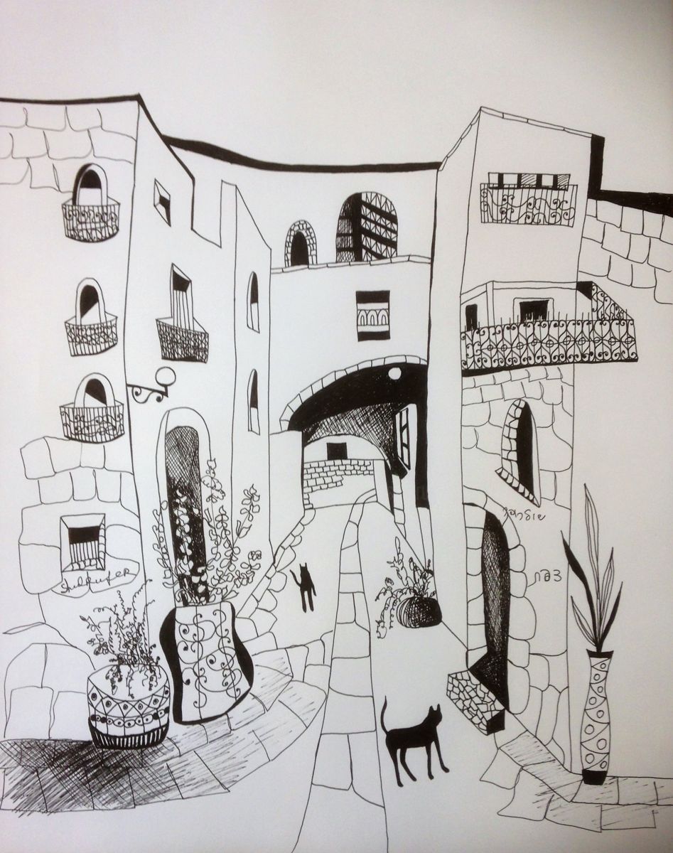 947x1200 Street In Safed Drawing - Cityscape Line Drawing