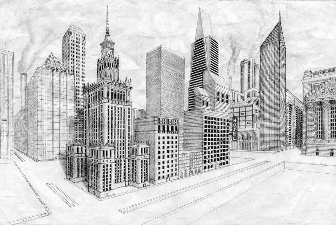 1091x732 Scraping The Skies - Cityscape Perspective Drawing