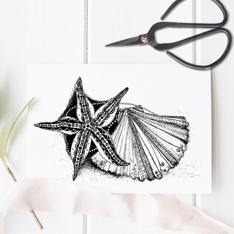 794x794 starfish card clam shell card starfish art clam shell etsy - Clam Shell Drawing