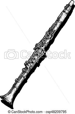 310x470 vector hand drawn illustration of clarinet black and white - Clarinet Drawing