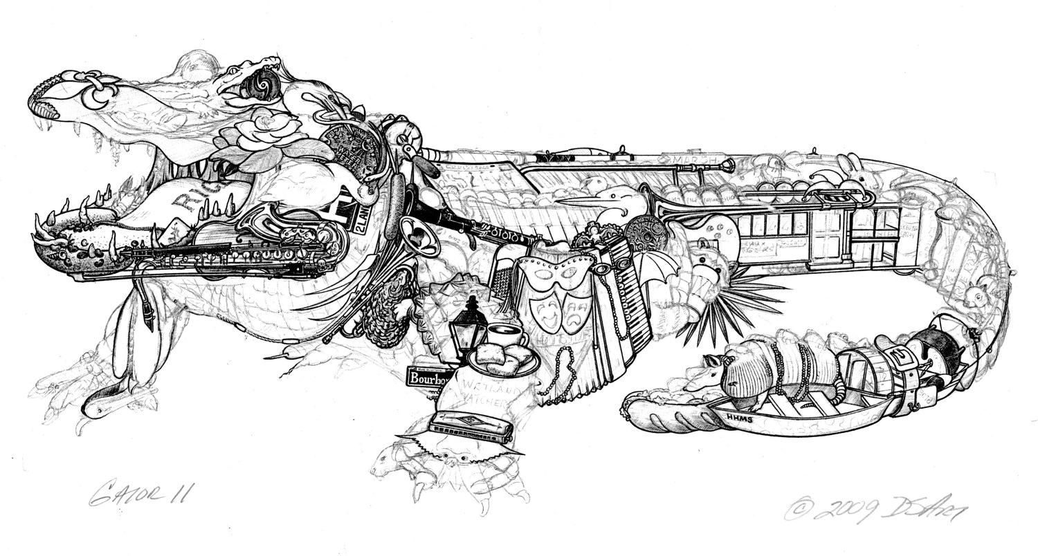 1500x804 Don Stewart Wetland Alligator Drawing Step - Clarinet Drawing Step By Step