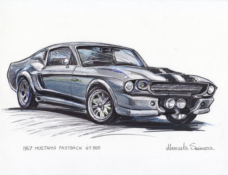 794x610 ford mustang fastback eleanor illustration classic car etsy - Classic Car Drawing