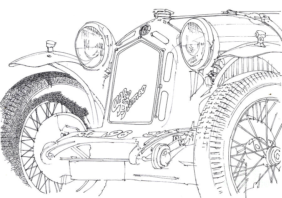 900x632 alfa romeo handmade drawing classic vintage car sketch ink line - Classic Car Line Drawings