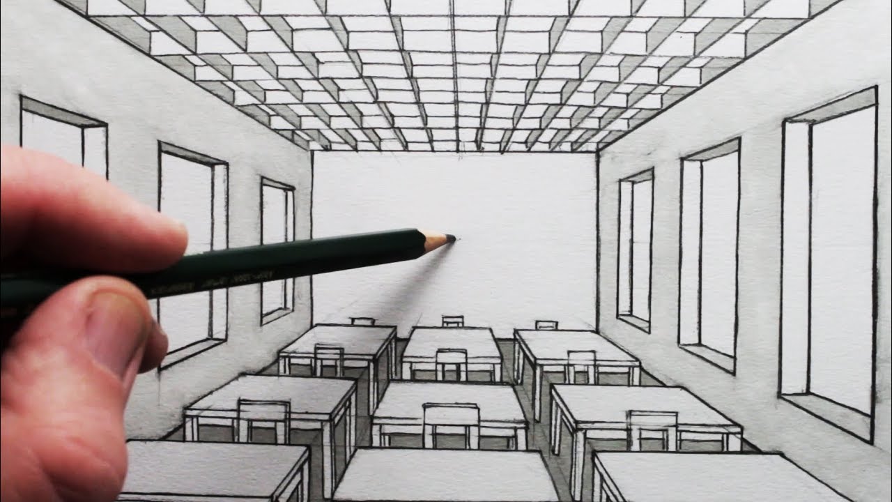 1280x720 how to draw a room in point perspective a classroom - Classroom Drawing
