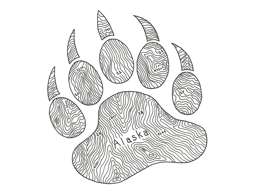 1000x750 alaska bear claw topography drawing signed print kodiak art llc - Claw Drawing