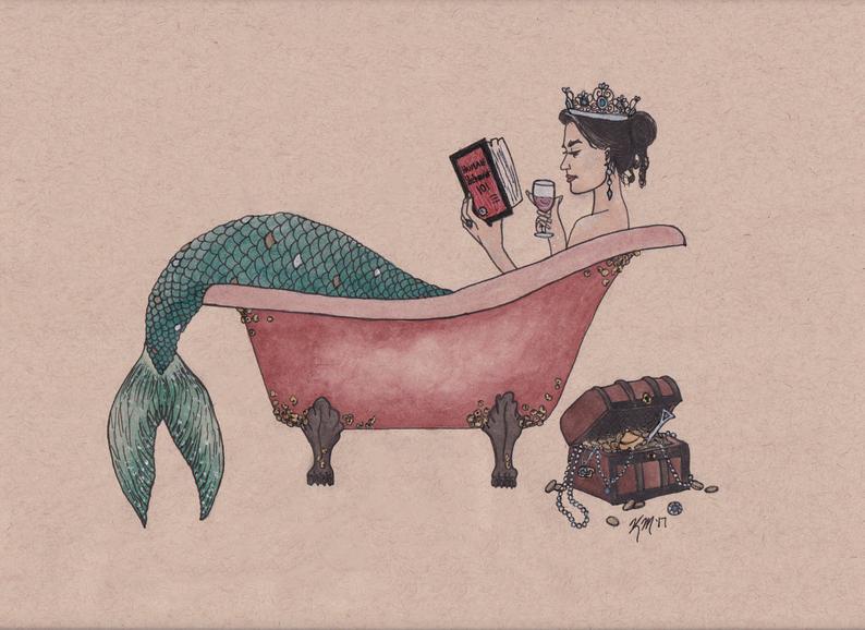 794x578 mermaid reading about human behavior in clawfoot tub art print etsy - Clawfoot Tub Drawing