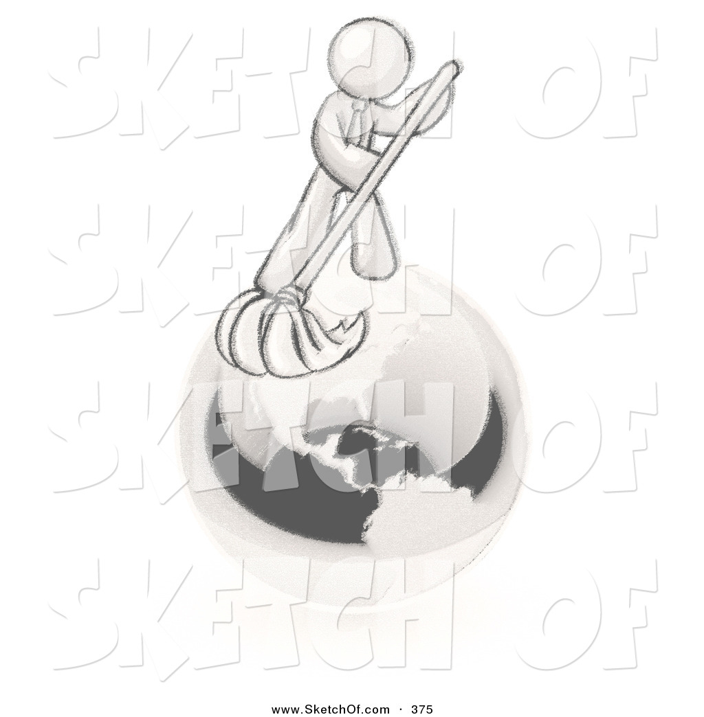 1024x1044 drawing of a sketched design mascot man using a wet mop with green - Clean Environment Drawing