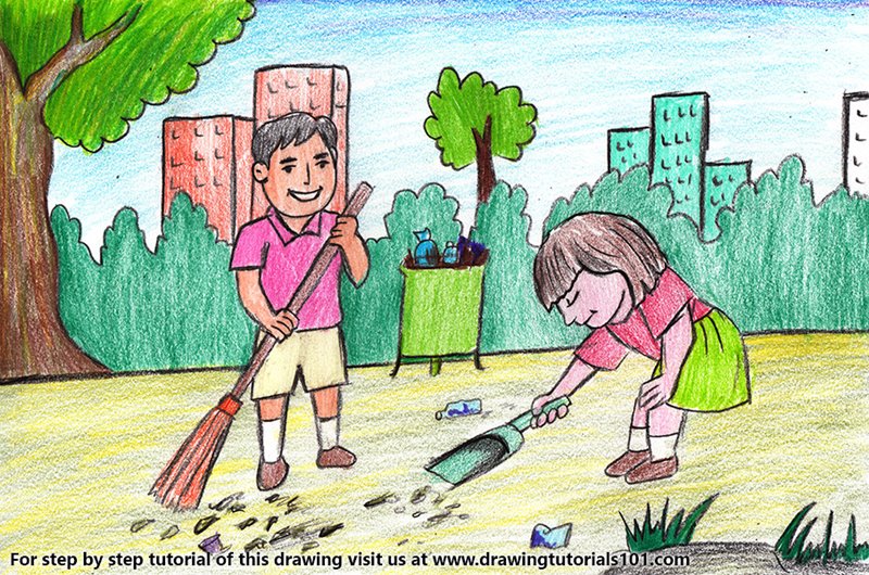 800x530 kids cleaning day scene colored pencils - Cleaning Drawing