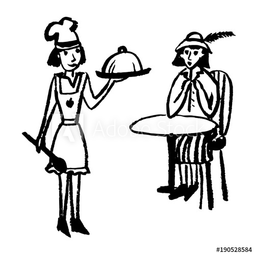 500x500 Drawing Of A Chef In A Cap Giving Food To A Girl Client, Sketch - Client Drawing