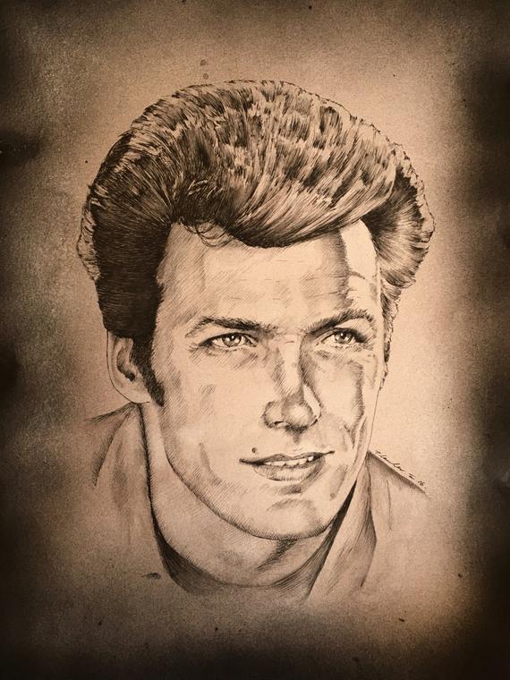 570x760 Clint Eastwood Original Watercolour Painting Pen Drawing Etsy - Clint Eastwood Drawing