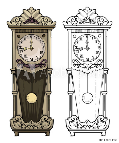 416x500 Old Clock Drawing, Colored And Outline - Clock Drawing