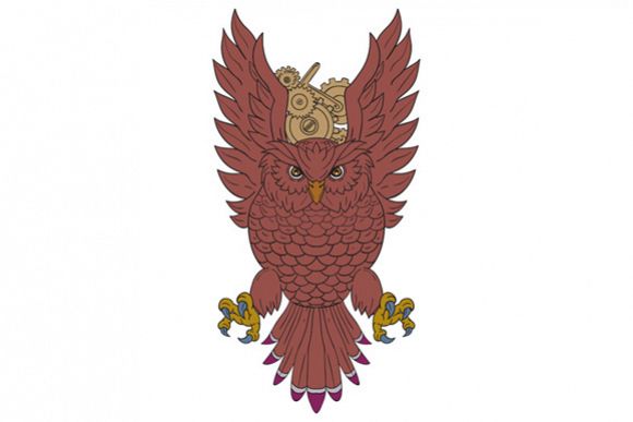 580x387 Owl Wings Spread Swooping Clock Gears Drawing - Clock Gears Drawing