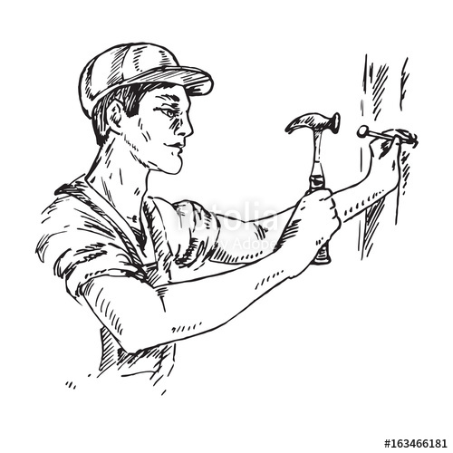 500x500 Craftsman In A Helmet Clogs A Nail, Hand Drawn Outline Doodle - Clogs Drawing