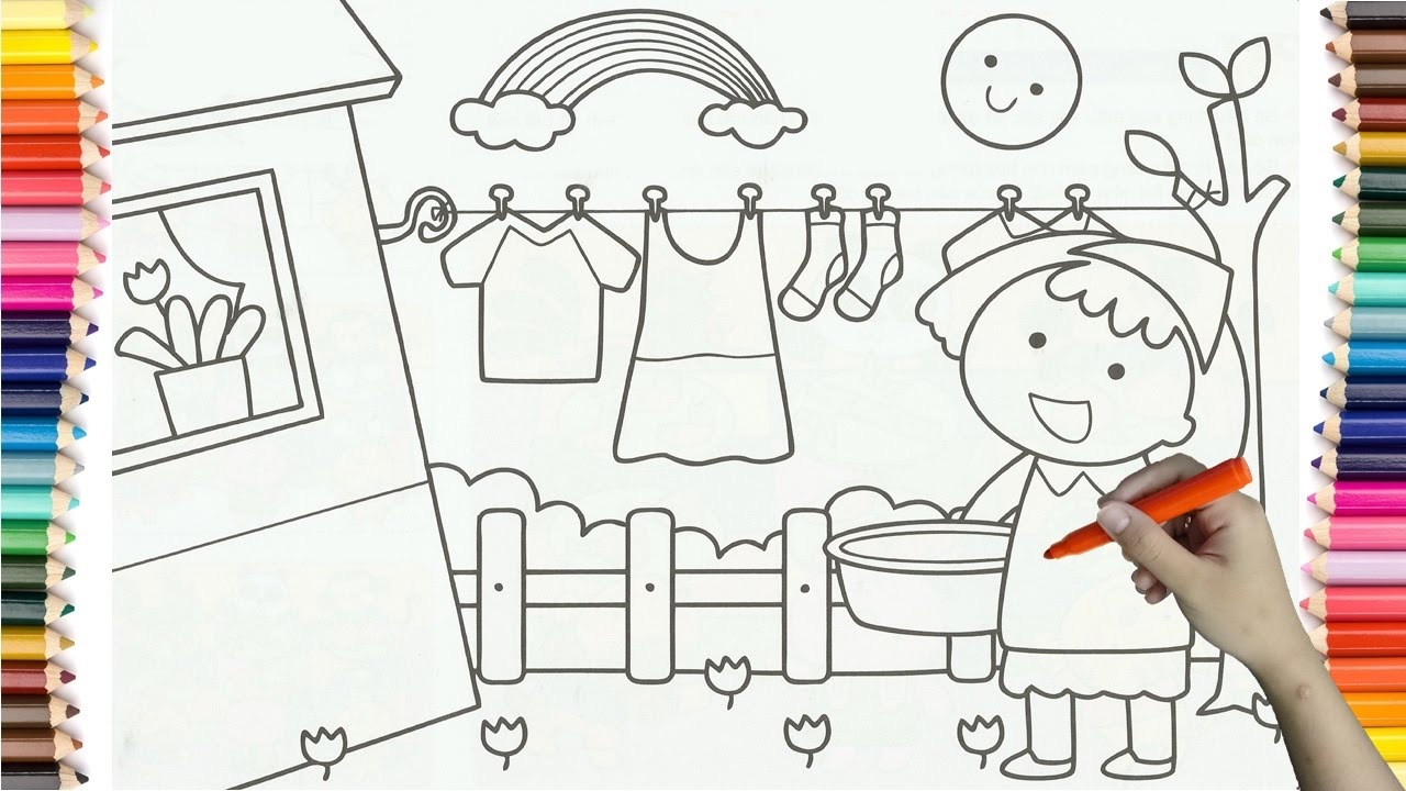 1280x720 Learning How To Drawing Baby Girl And Clothesline Colorful - Clothesline Drawing