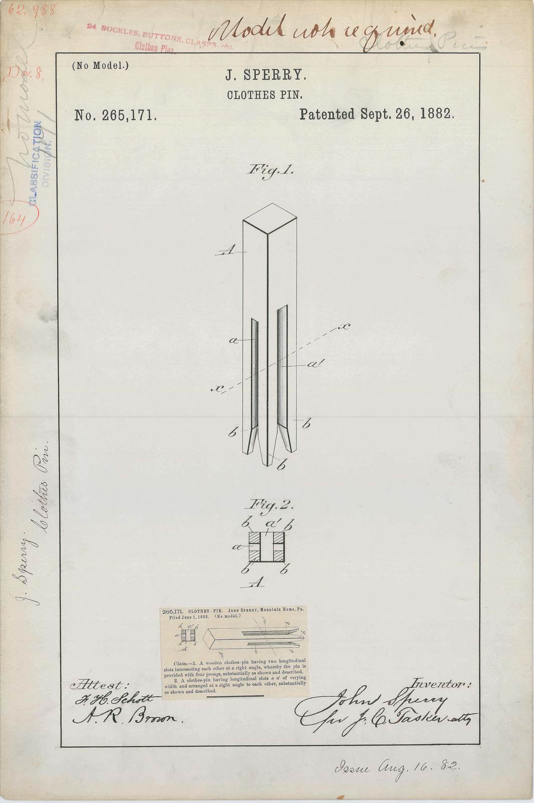 1065x1600 Patent Drawing For J Sperry's Clothes Pin U S National Archives - Clothespin Drawing