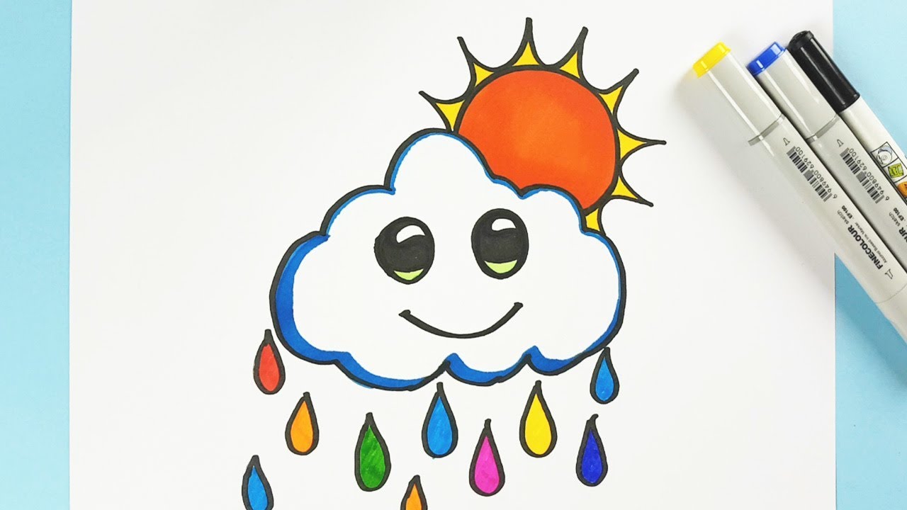 1280x720 how to draw a cute cloud and sun with colorful rain dropping - Cloud Cartoon Drawing
