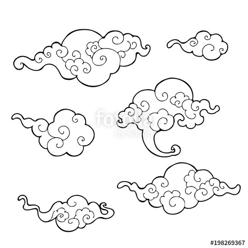 500x500 Oriental Cloud Ornament Clip Art Design With Pen Drawing Line Set - Cloud Line Drawing