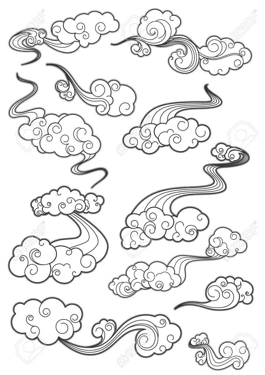 919x1300 retro clouds outline style icons set, swirl curve drawings - Cloud Outline Drawing