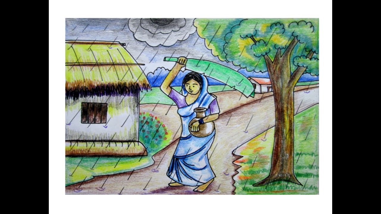 1280x720 Village Scenery Drawing In Rainy Day With Cloudy Sky - Cloudy Day Drawing