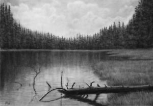 300x208 original river landscape charcoal drawing - Cloudy Sky Drawing