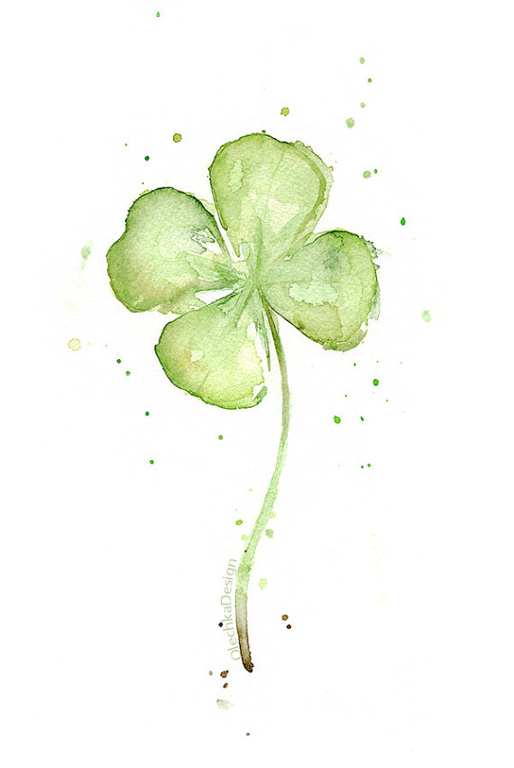 570x851 four leaf clover art print, clover watercolor painting, plants, st - Clover Leaf Drawing