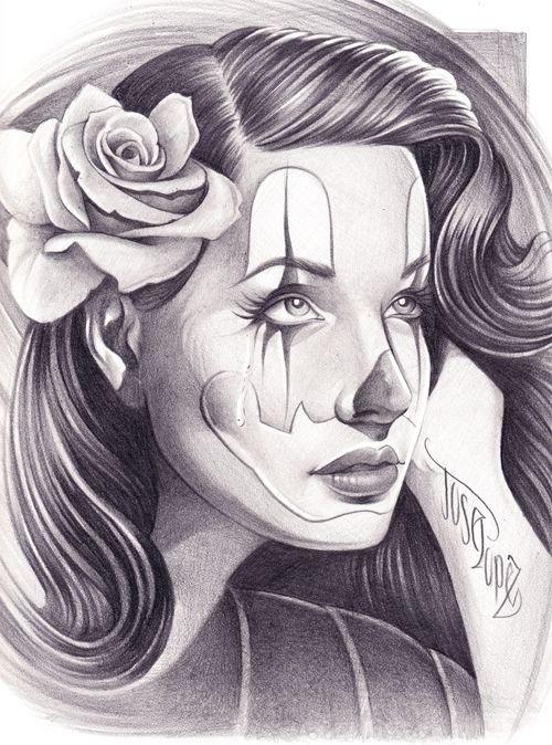 500x674 Chicano Art Tattoos Pin Up Clown Girl Art Drawing Picture Here - Clown Girl Drawing
