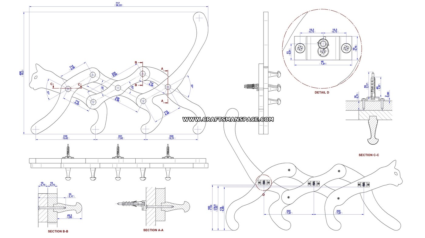 1400x785 cat shaped wall coat rack plan - Coat Rack Drawing