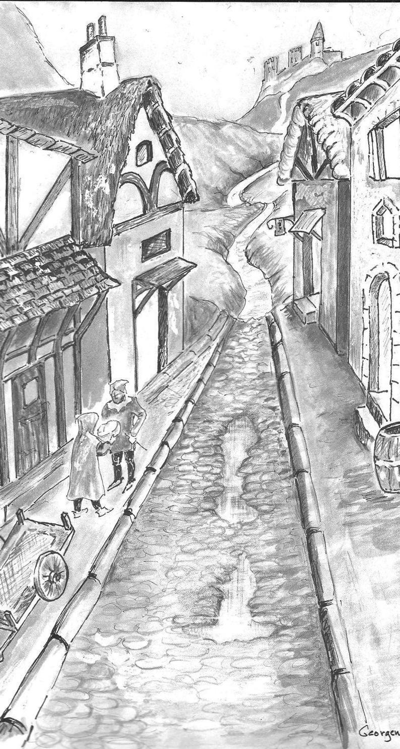 794x1486 Fantasy Pen And Ink Drawing Of Medieval Scene Buildings Etsy - Cobblestone Drawing