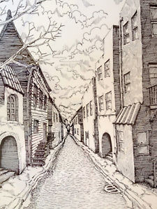 225x300 Harold Schwan Perspective Drawing Of Cobblestone Street Print Ebay - Cobblestone Drawing