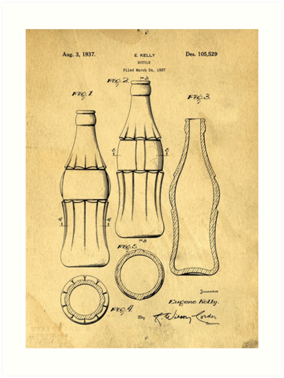 413x549 Coca Cola Bottle Patent Art Blueprint Drawing Art Prints - Coca Cola Bottle Drawing