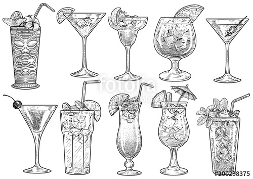500x354 cocktail illustration, drawing, engraving, ink, line art, vector - Cocktail Glass Drawing