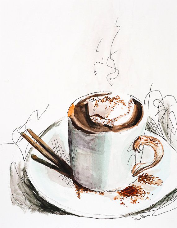 570x735 Watercolor And Ink Painting, Morning Coffee Art Print, Original - Coffee Art Drawing