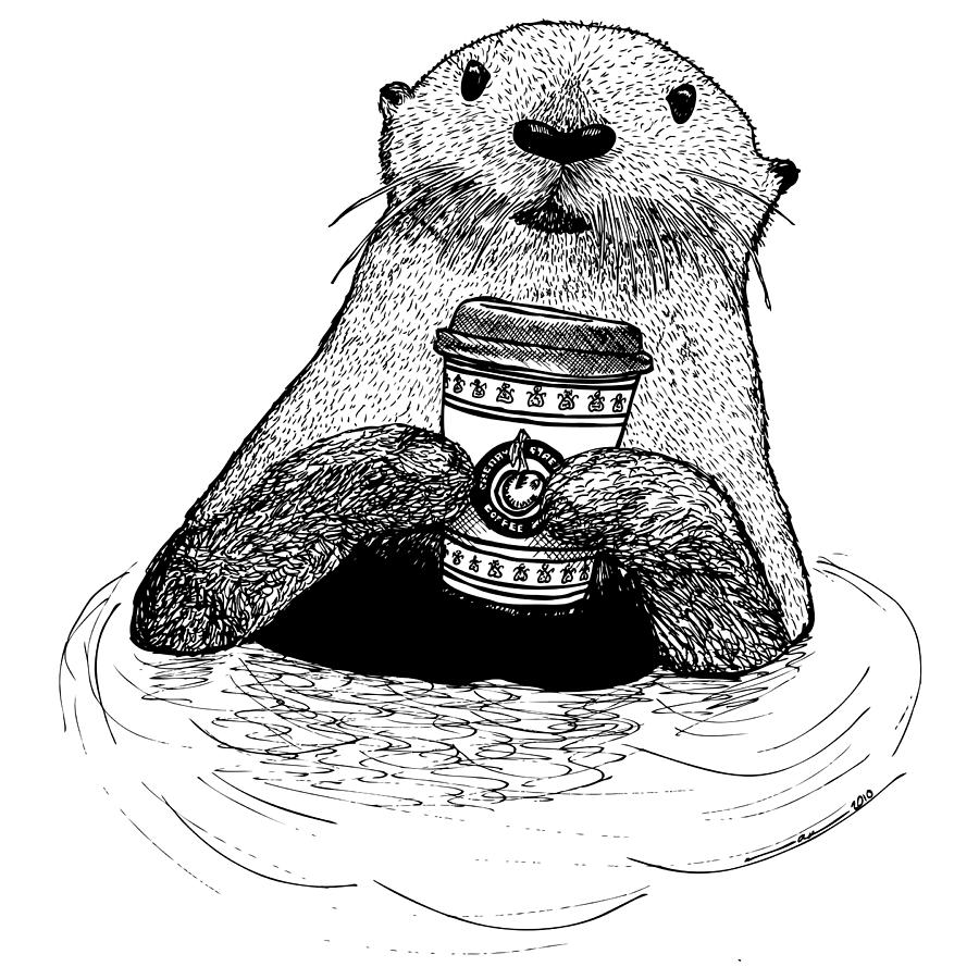 900x900 Otter Drinking Coffee Drawing - Coffee Drawing