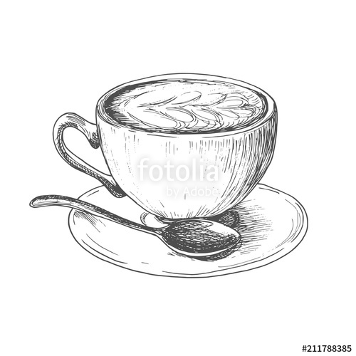 500x500 sketch ink hatching cup of cappuccino coffee illustration, draft - Coffee Drawing