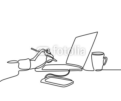 400x334 Continuous Line Drawing Laptop Computer With Cup Of Coffee - Coffee Line Drawing
