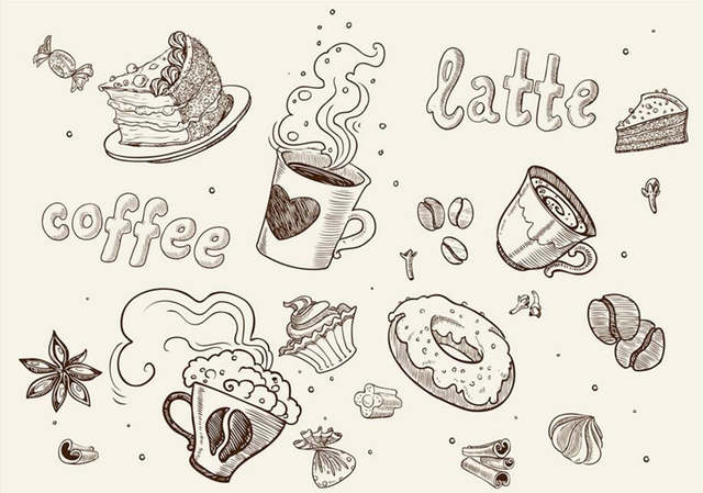 640x449 Online Shop Custom Large Murals,line Drawing Cafe Murals Wallpaper - Coffee Line Drawing