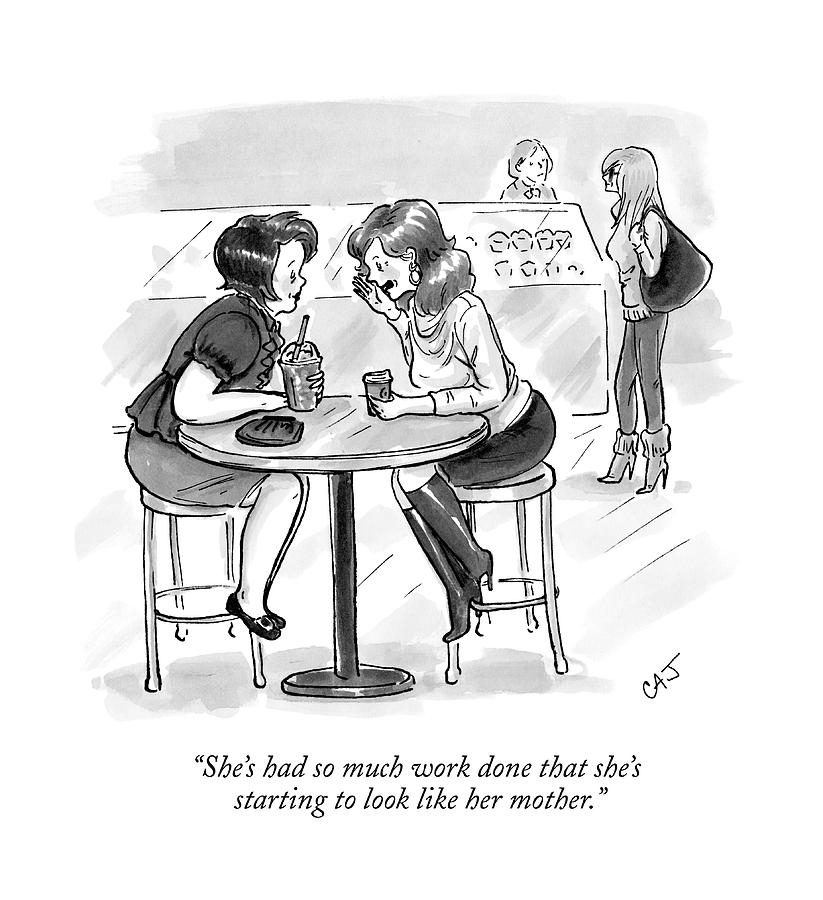 823x900 two women sitting at a coffee shop speak drawing - Coffee Shop Drawing