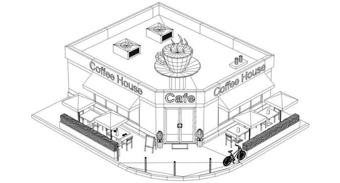 676x365 model low poly corner coffee shop exterior interior vr ar - Coffee Shop Drawing