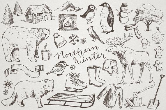 570x379 Hand Drawn Winter Clipart Northern Winter Moose Etsy - Cold Weather Drawing