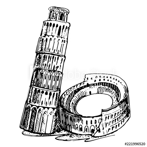 500x500 rome coliseum and leaning tower city vector hand drawing artwork - Coliseum Drawing