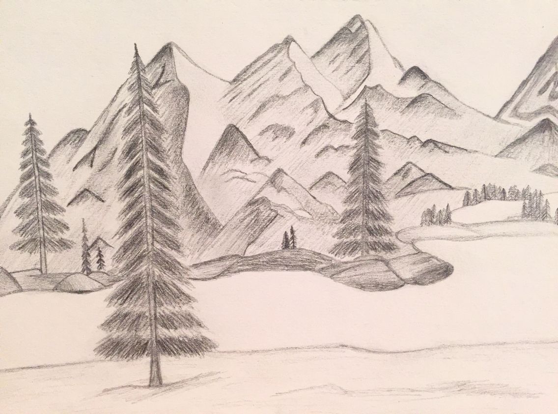 1136x842 Gorgeous Sketch Of Colorado Mountain Landscape And River Pencil - Colorado Drawing