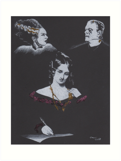 413x549 charcoal drawing with colored gold leaf of mary shelley with bride - Colored Charcoal Drawing