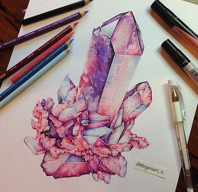 640x621 crystal cluster coloured pencil drawing using pinks and purples - Colored Pencil Drawings