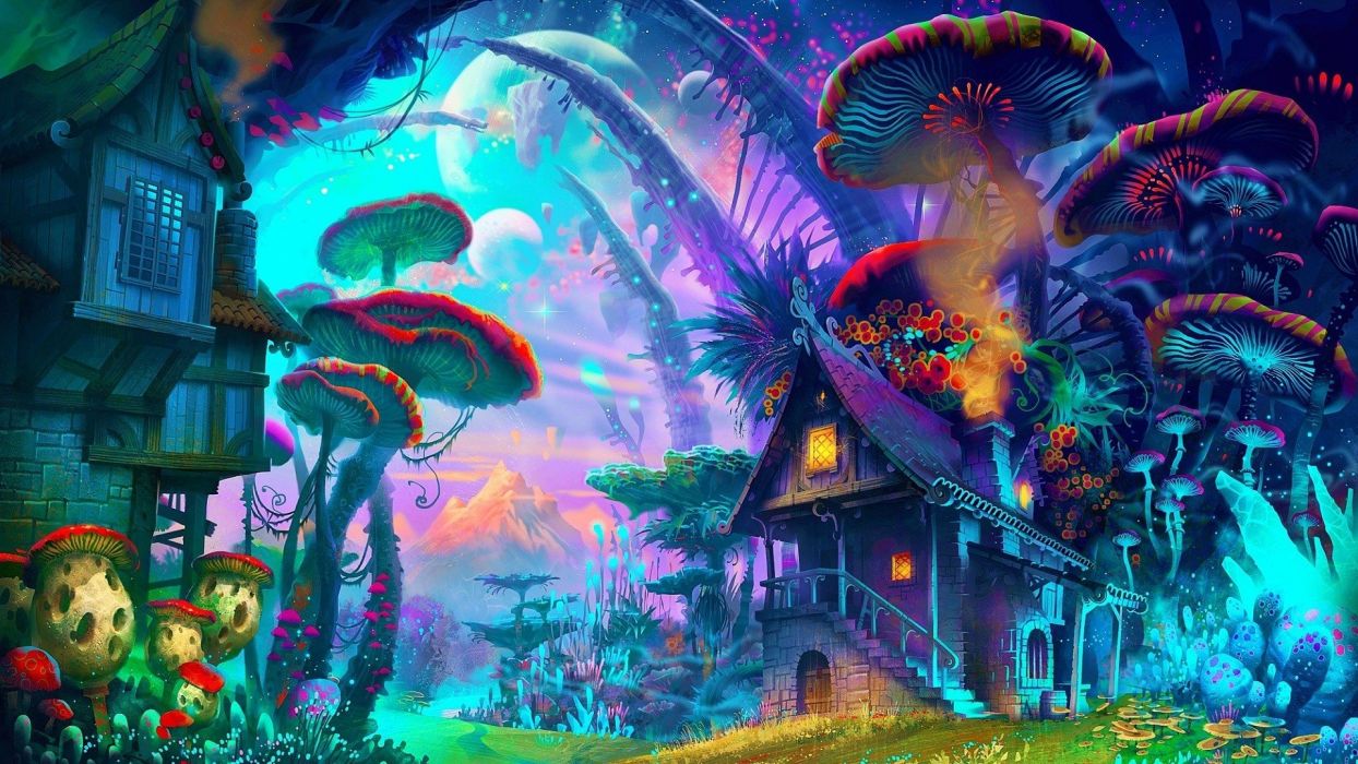 1244x700 colorful drawing fantasy art house mountain mushroom nature planet - Colorful Drawing
