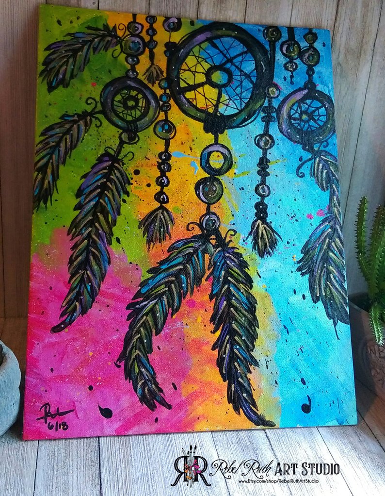 794x1022 acrylic on canvas panelcolorful dream catcher etsy - Colorful Dream Catcher Drawing