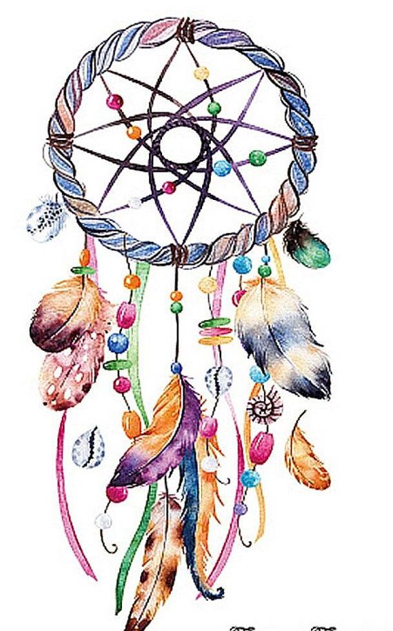 570x915 beautiful colorful feathered dream catcher temporary tattoo - Colorful Dream Catcher Drawing