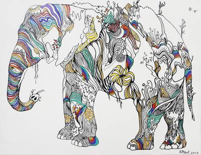 400x309 Signed Thai Original Pop Art Elephant Painting - Colorful Elephant Drawing