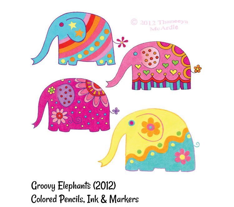 750x664 whimsical drawings of cute elephants - Colorful Elephant Drawing