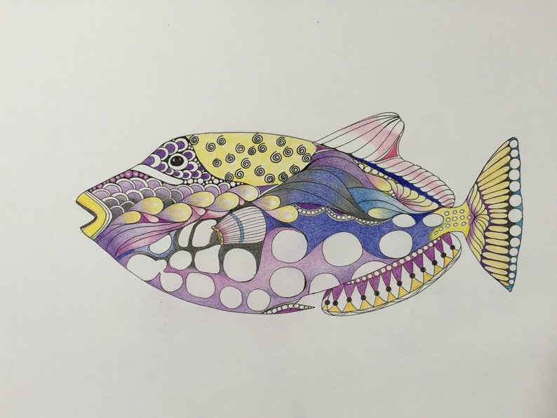 794x596 zentangle fish clown trigger fish fish art marine art wall art etsy - Colorful Fish Drawing