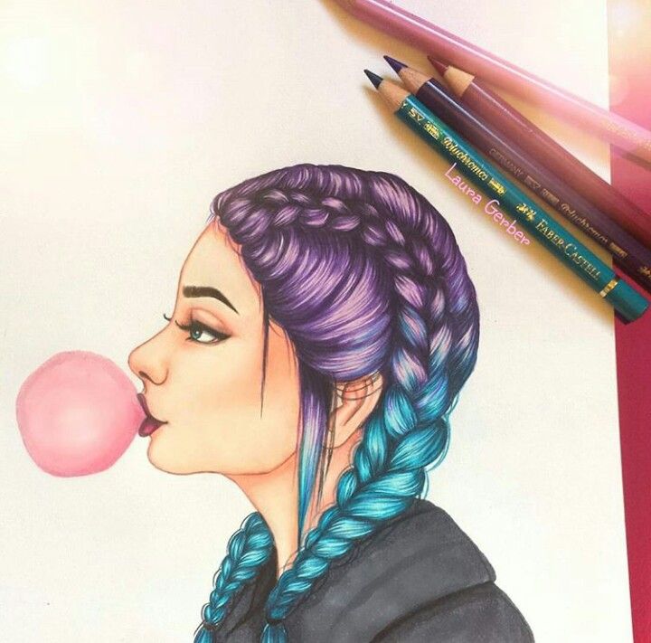 720x711 The Girl With The Pretty Braids I Didn't Draw It Drawing Ideas - Colorful Hair Drawing Tumblr